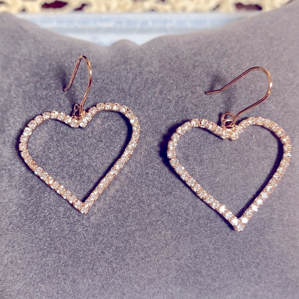 Cubic Zirconia Rose Gold earrings. NWT 2” heart.